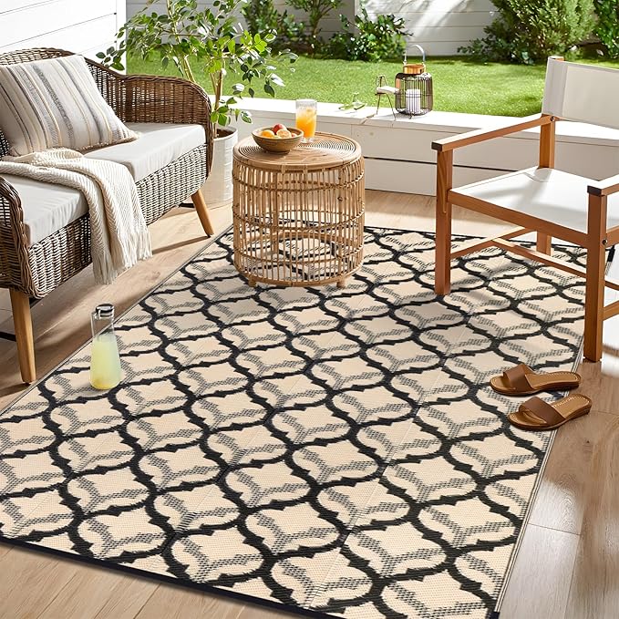 OLANLY Reversible Outdoor Rug 6x9 ft Clearance, Waterproof Outdoor Plastic Straw Rug with Interlacing Pattern, RV Mat for Patio, Camping, Balcony, Deck, Backyard, Black & Beige