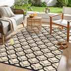 OLANLY Reversible Outdoor Rug 6x9 ft Clearance, Waterproof Outdoor Plastic Straw Rug with Interlacing Pattern, RV Mat for Patio, Camping, Balcony, Deck, Backyard, Black & Beige