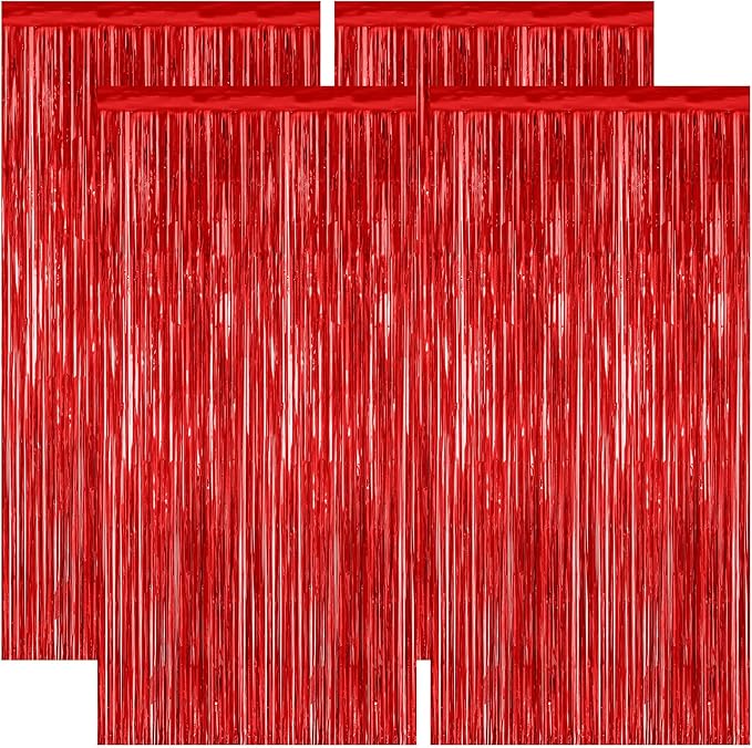 4 Pack Red Backdrop, 3.28 FT x 7.05 FT Party Streamer, Metallic Birthday Tinsel Backdrop Foil Fringe Curtains, Door Streamer for Red Party Decorations Casino Decor Photo Booth Props