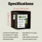 GeoPot 15 Gallon Fabric Grow Bags for Vegetables, Houseplants, Herbs & Flowers | 5-Pack | Aerated Fabric Pots for Outdoors and Indoors