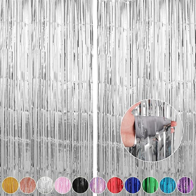 Crosize 2 Pack 3.3 x 9.9 ft Silver Foil Fringe Backdrop Curtain, Streamer Backdrop Curtains, Streamers Birthday Party Decorations, Tinsel Curtain for Parties, Photo Booth Backdrops, Party Décor