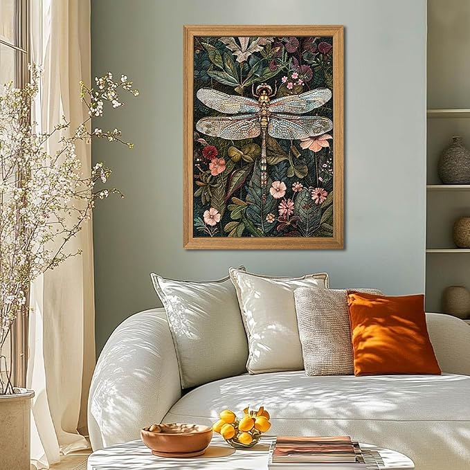 Framed Vintage 3D Textured Wall Art - Dark Green Dragonfly Flowers Wall Decor - Hand Drawn Sandstone Nature Botanical Pictures for Living Room Bedroom Home Decor 24x36in