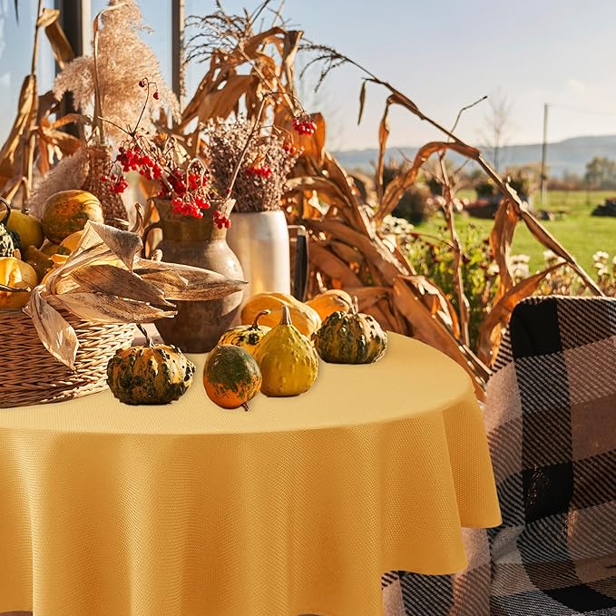 Biscaynebay Fall Tablecloth Textured Fabric Round Tablecloths 60" for Tables diameters from 28" to 48", Fall Gold Thanksgiving Autumn Harvest Water Resistant Table Cover for Kitchen, Dining, Party