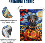 Stained Glass Dachshund Fall Garden Flag Halloween Pumpkin Yard Signs Autumn Sunflower Thanksgiving Banner for Outside 12x18 Double Sided Small Weiner Dog Outdoor Decorative
