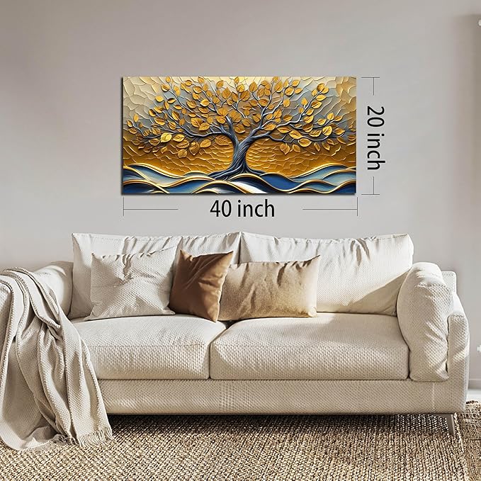 CANEITO Tree Wall Art for Living Room, Gold Wall-Decor for Bedroom, Modern Landscape Poster Canvas Print, Size 40x20 Inches