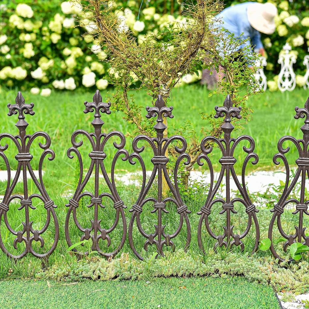 Sungmor Decorative Cast Iron Flower Bed Fence, 28" Tall Vintage Garden Edging Border, 4 Pack Heavy Duty Landscape Picket Fence Panels, Outdoor Plant Support Garden Stake, Victorian Yard Lawn Decor