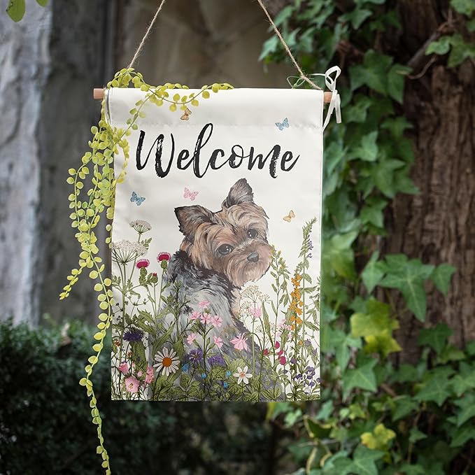 Floral Yorkie Garden Flag Spring Summer Yard Flag Flower Yorkshire Terrier Dog Garden Flags for Outside Small Outdoor Welcome Flags 12x18 Double Sided