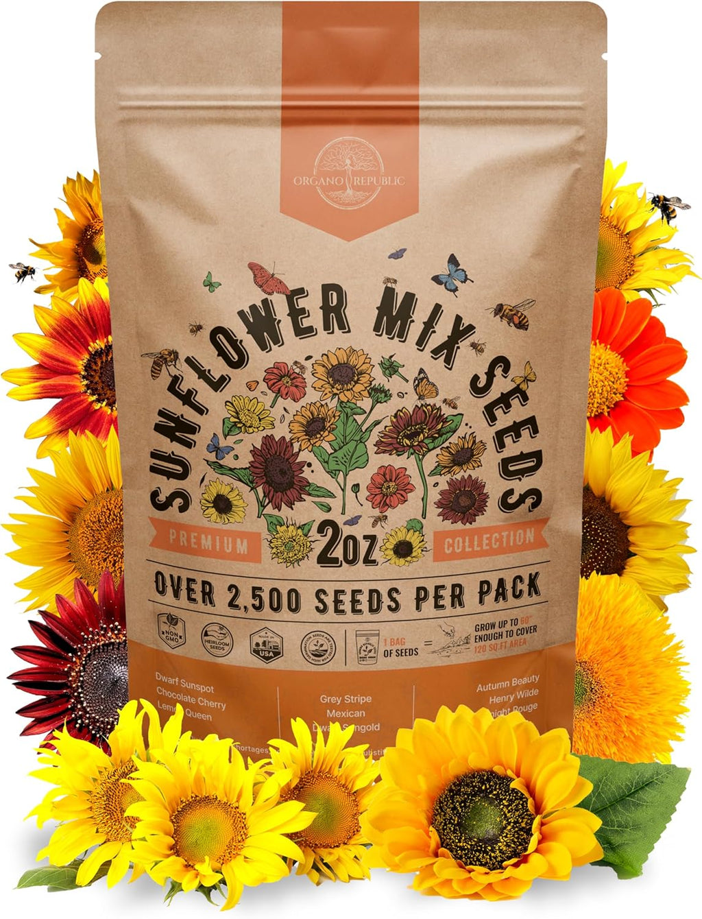 Sunflower Mix Seeds Pack 2 oz - Over 2,500 Non-GMO Heirloom Sunflower Seeds for Planting, Annual Flowers in Individual Seed Packet for Planting Home Garden Indoor & Outdoor Gardening