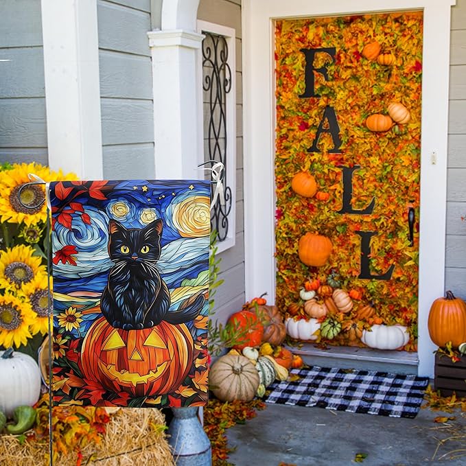 Stained Glass Black Cat Fall Garden Flag Halloween Pumpkin Yard Signs Autumn Sunflower Blue Sky Thanksgiving Banner for Outside 12x18 Double Sided Small Outdoor Decorative