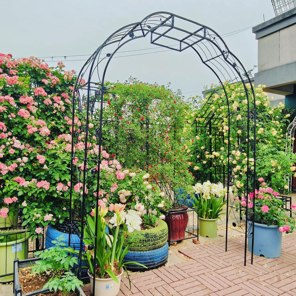 Metal Garden Arch 98.4" H Garden Arbor Trellis for Outdoor Climbing Plants Support Rose Lawn Tall Super Large Event Arch(XL, Black)