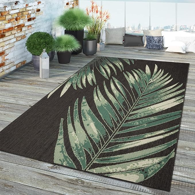 Outdoor Rug Black Green with Floral Palm Leaf Design Waterproof, Size: 2'8" x 4'11"