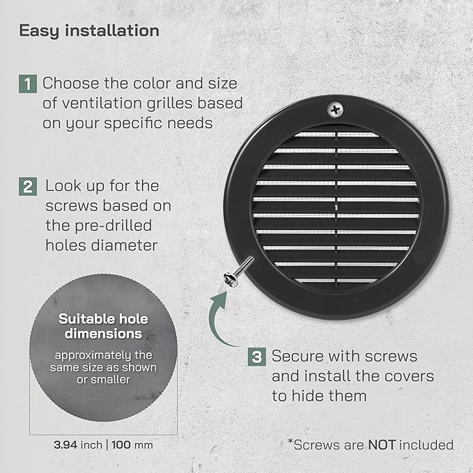 Vent Systems 4" Inch (Opening Dimensions) - Pack of 5 - Black Soffit Vent Cover - Plastic Round Air Vent Grille - Built-in Mesh Screen - HVAC Register Louver for Bathroom, Home, Kitchen