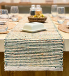 Chardin Home Natural Jute Table Runner 13x72 Inch – Vintage Boho Rustic Table Decor – Handwoven Table Runner in Natural Jute and Green – Farmhouse Dining or Console Table Accent
