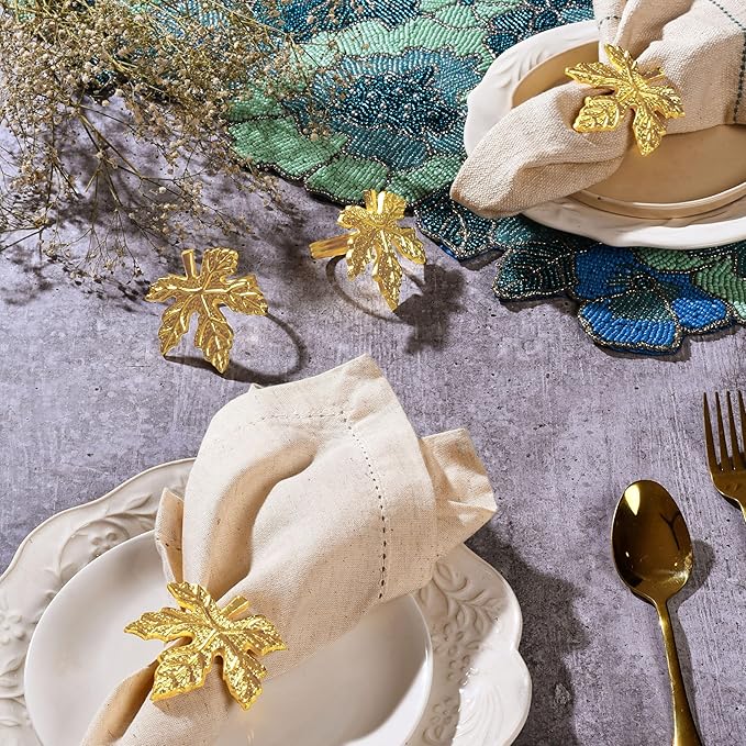 Elegant Handcrafted Leaf Napkin Rings - Set of 12 Premium Aluminum Holders for Dinner Parties, Weddings, Special Occasions & Everyday Dining (Gold) - CLEENTABLE