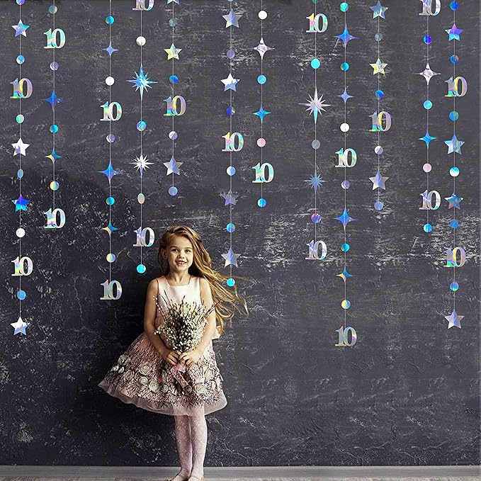 Iridescent 10th Birthday Decorations Number 10 Circle Dot Twinkle Star Garland Metallic Hanging Streamer Bunting Banner Backdrop for Girls Boys Ten Year Old Birthday 10th Anniversary Party Supplies