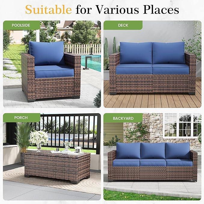 Amopatio Wicker Outdoor Sofa & Patio Couch Set - High Back Waterproof Patio Furniture Single Armrest Chair with Non-Slip Cushions, Outdoor Furniture Cover, Blue