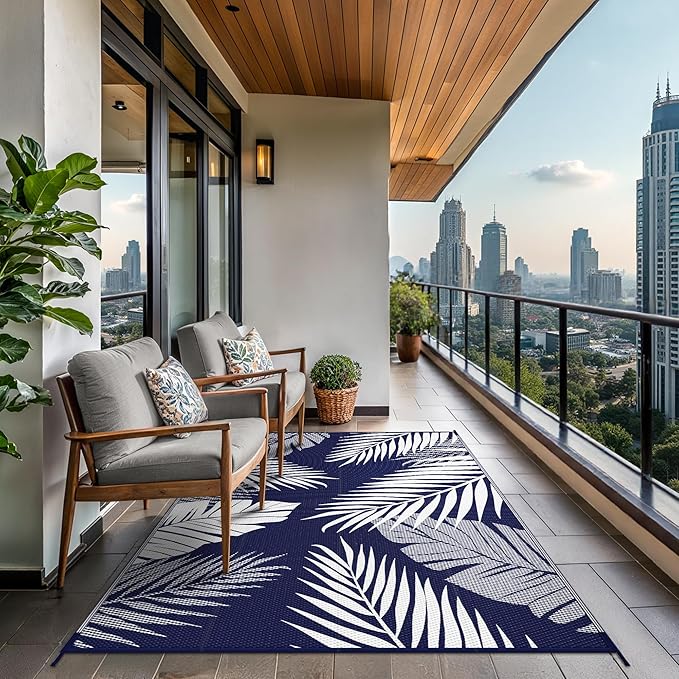 GENIMO Outdoor Rug 8' x 10' Waterproof for Patios Clearance, Reversible Outdoor Plastic Straw Camping Rug Carpet, Large Area Rugs Mats for RV, Camper, Deck, Balcony, Porch, Beach, Navy Blue&White