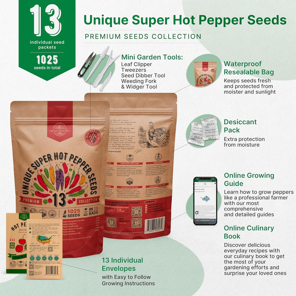 Organo Republic 13 Unique Super Hot Pepper Seeds Variety Pack - 1,020+ Non-GMO Heirloom Pepper Seeds for Outdoor and Indoor Home Gardening, Including Pepper Caloro, Firecracker, Habanero, Fresno Chili
