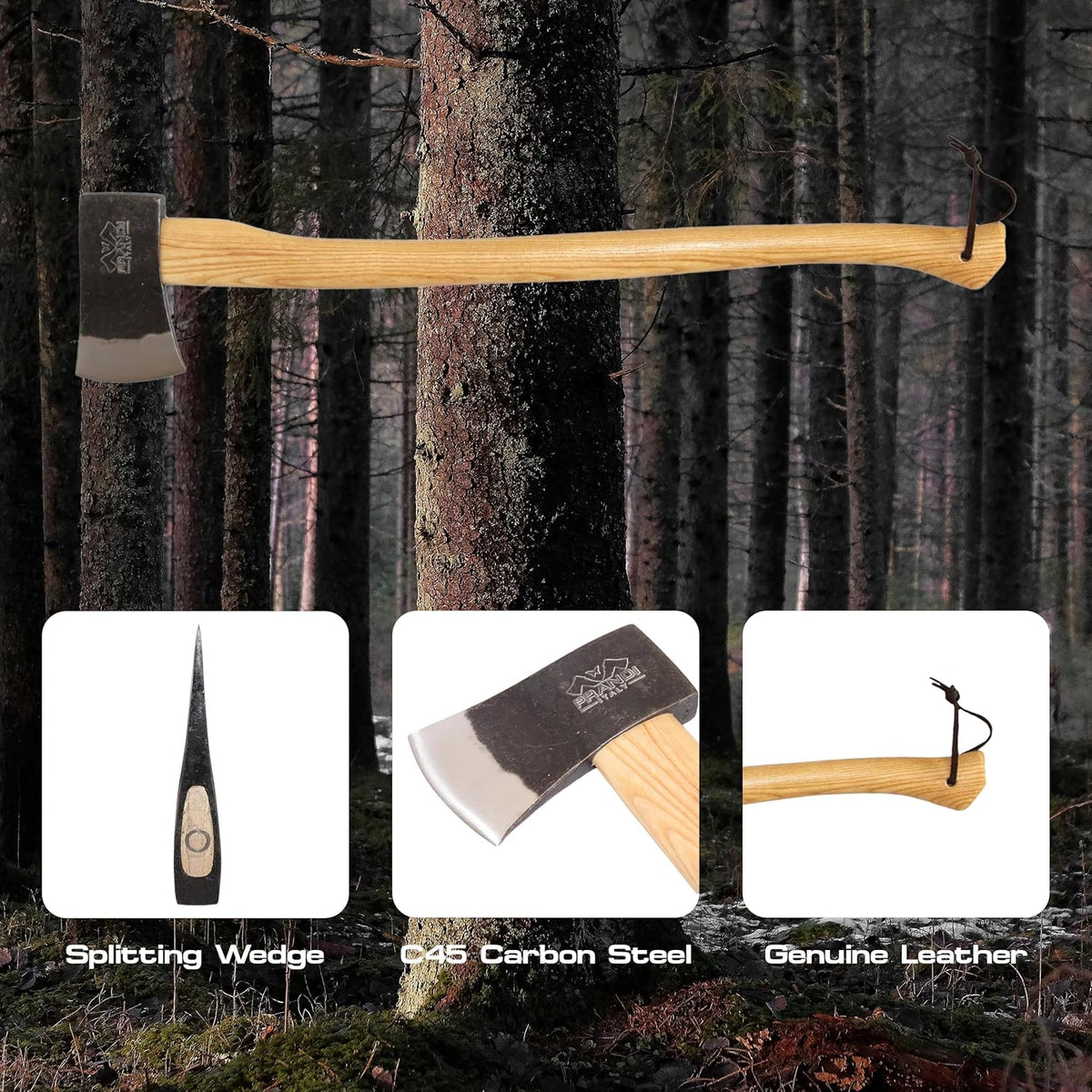 Prandi Axes Yankee C45 Forged Carbon Steel Hatchet - Hickory Handle with Leather String - Ideal for Firewood, Splitting, and Chopping - 35.43" L x 7.95" W, 1800g Head 3.086.18.TH