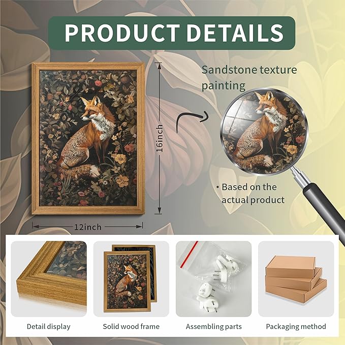 AKWISH Framed 3D Textured Vintage Wall Art - Dark Academia Decor Hand Drawn Sandstone Fox Paintings with Botanical Florals, Aesthetic Wall Decor for Living Room Bedroom Home 12x16 inch