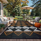 Beeiva Outdoor Rugs 8x10 Waterproof, Modern Geometric Reversible Patio Rug 8x10, Large Foldable Outdoor Plastic Straw Rug for Camping, Porch, Backyard, Balcony, Picnic - Black & Brown