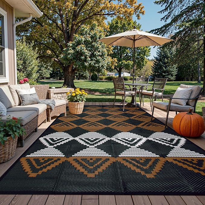 Beeiva Outdoor Rugs 8x10 Waterproof, Modern Geometric Reversible Patio Rug 8x10, Large Foldable Outdoor Plastic Straw Rug for Camping, Porch, Backyard, Balcony, Picnic - Black & Brown