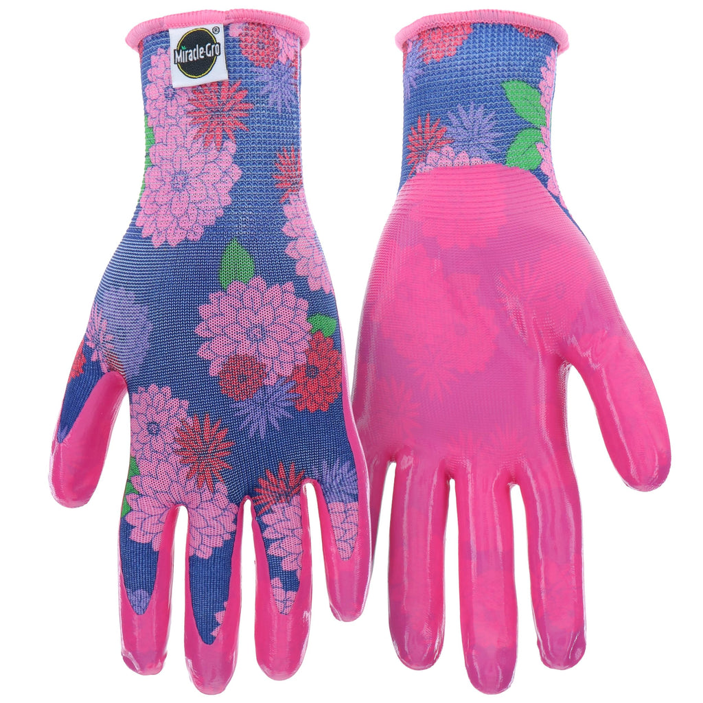 Miracle-Gro Women's Nitrile Coated Grip Floral Pattern Gardening Work Gloves, Extreme Comfort, Excellent Grip, Water Resistant, Pink/Purple, Small, (MG37126/WSM)