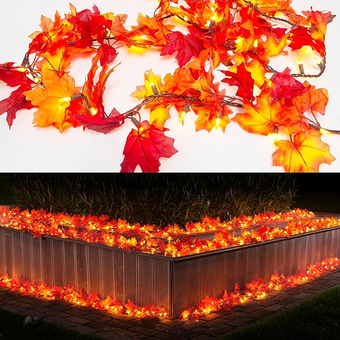 Fall Decor Thanksgiving Decorations for Home Lighted Fall Leaves String Lights, 11FT Thanksgiving Lighted Fall Leaf Garland Lights, 50 Orange Bulbs Lighted Fall Garland with Lights Plug in Outdoor