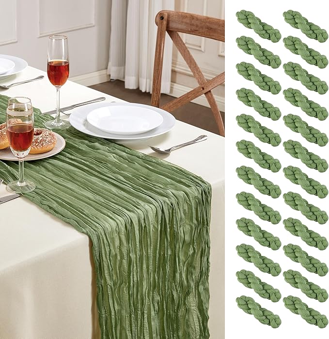 24 Pack Sage Green Cheesecloth Table Runner 10FT Long Boho Gauze Table Runner Rustic Sheer Runner for Wedding Bridal Baby Shower Birthday Party Table Decor Thanksgiving Christmas Decorations