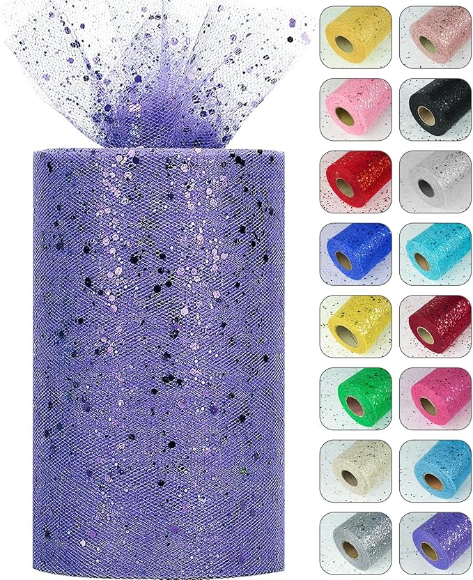 Glitter Tulle Rolls, 6” by 50 Yards (150FT) Sparkling Tulle Spool Ribbon Sequin Tulle Netting Fabric for Tutu Skirt Wedding Birthday Baby Shower (Purple)