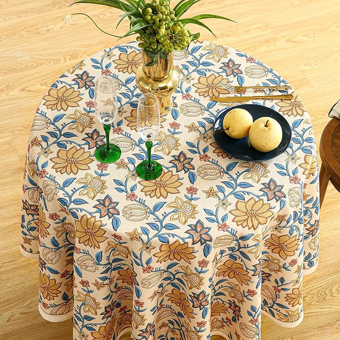 ISAENNE Designer Bohemian Floral Small Round Tablecloth,Linen Colorful Table Cloth,Wrinkle Resistant Decor Tablecloths for Dining Thanksgiving Kitchen Party Christmas,Diameter 55"-Estevan B