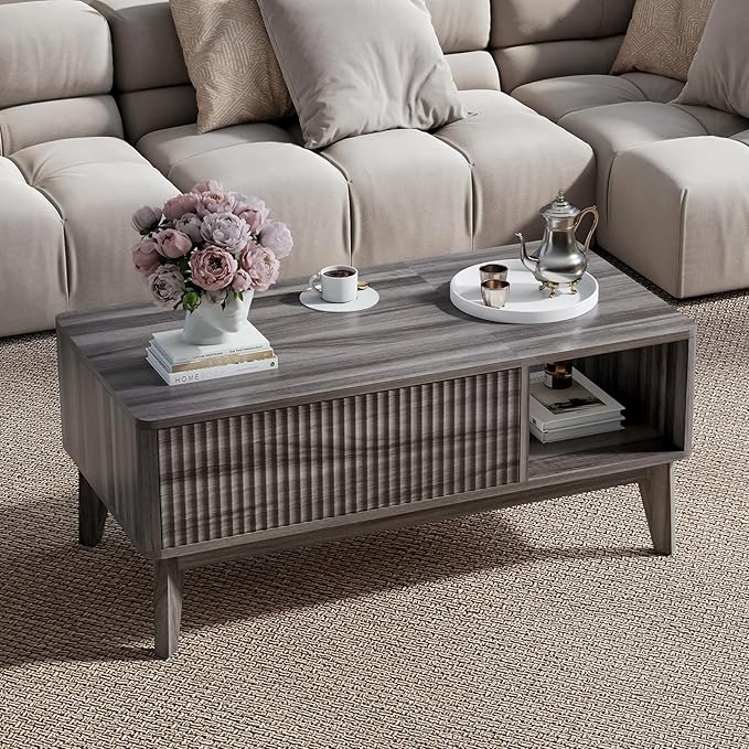 LYNCOHOME Fluted Lift Top Coffee Table with Storage,Modern Center Table for Living Room, Home Office（Grey）