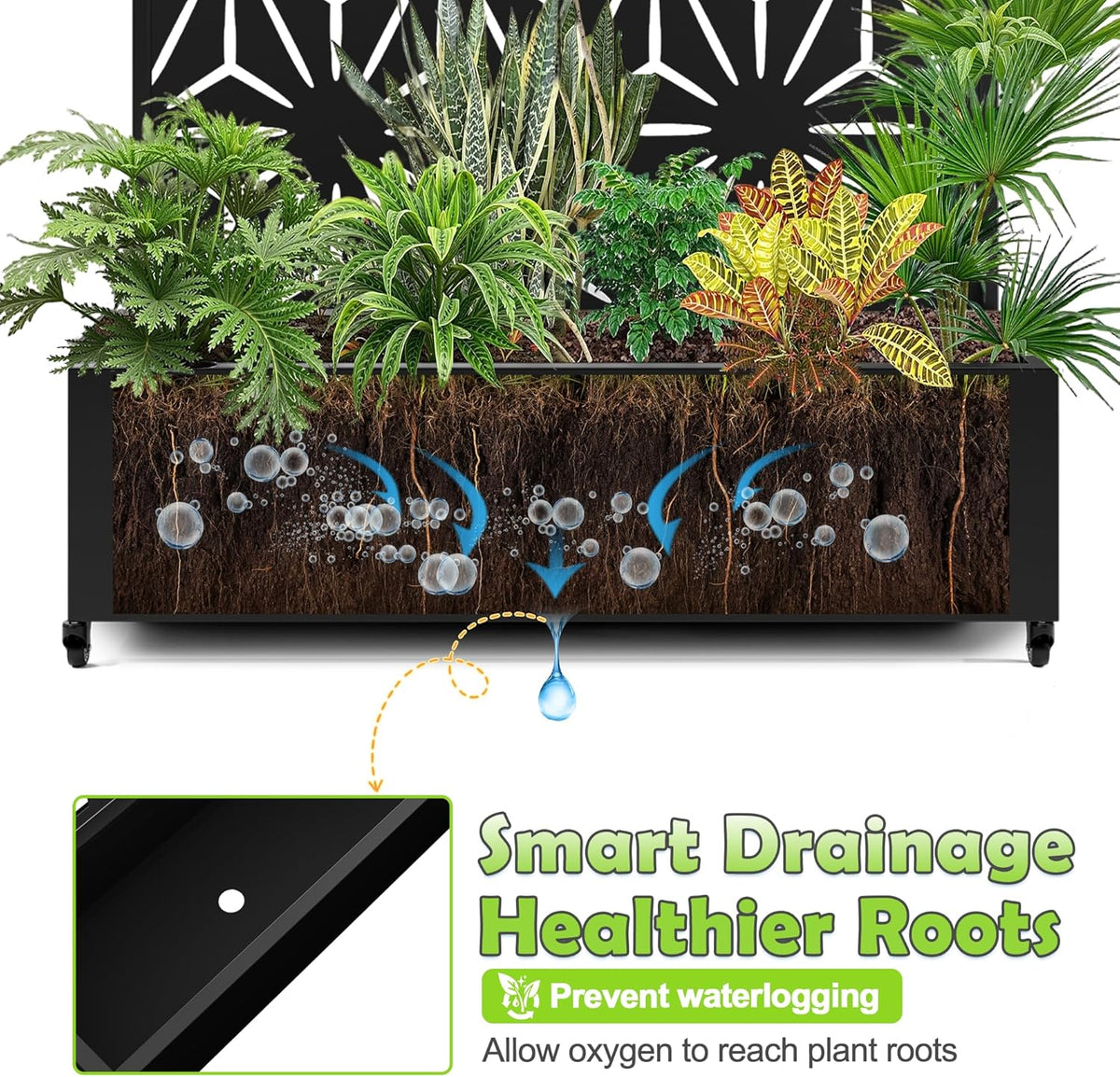 15.7"×70.9"×47.2" Metal Raised Garden Bed with Trellis and Wheels - Tall Trellis Planter Box for Climbing Plants, Vegetables & Vines - Outdoor Privacy Planters for Patio (Black-Star)