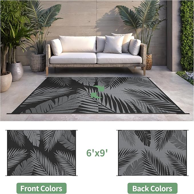 Outdoor Rug 6’x9’ Waterproof for Patio Clearance, Reversible Indoor Outdoor Plastic Straw Camping Rug Carpet, RV Mat, Large Area Rug for Deck, Backyard, Balcony, Porch, Beach, Black & Grey