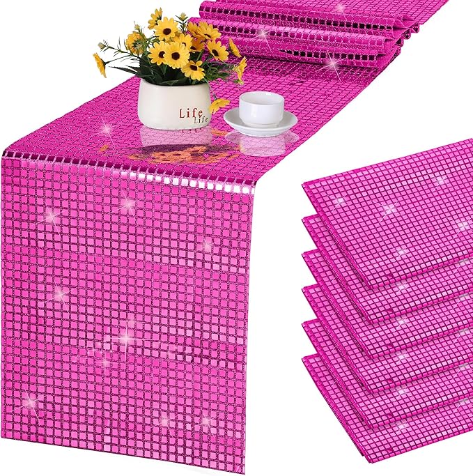 Durony 6 Pack Disco Table Runner 11 x 108 Inch Mirror Hot Pink Glitter Foil With Sparkle Sequin for Bachelorette, 70s, Cowgirl Party Decorations