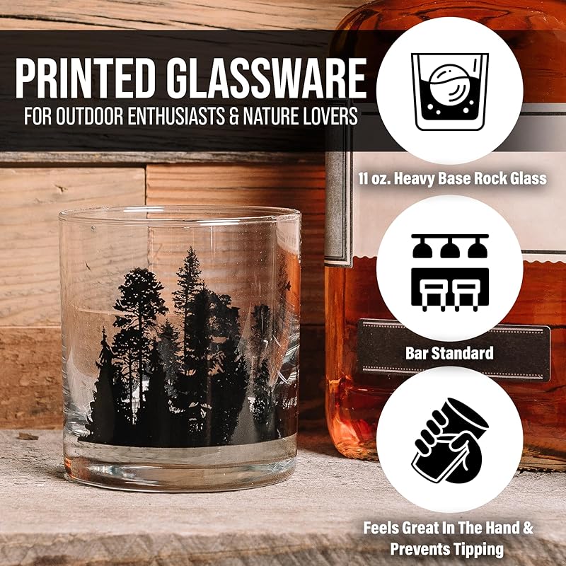 Black Lantern Whiskey Glass Set - Forest Landscape Old Fashioned Low-Ball Glasses - Drinking Glasses - Rock Glasses and Kitchen Glasses for Nature Lovers - Two Premium 11oz. Glasses