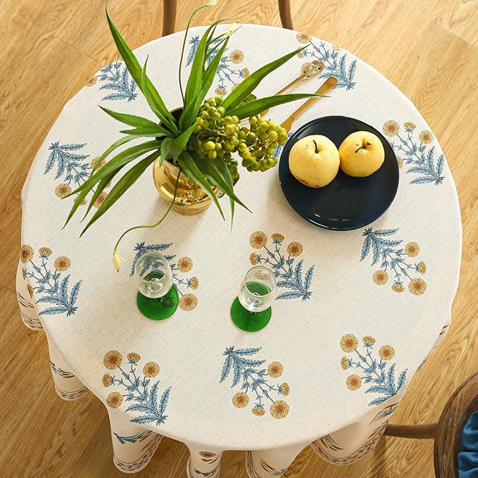 ISAENNE Designer French Pale Yellow Small Round Tablecloth,Linen Floral Table Cloth,Wrinkle Resistant Decor Tablecloths for Dining Thanksgiving Banquet Kitchen Party,Diameter 55"-Estevan A