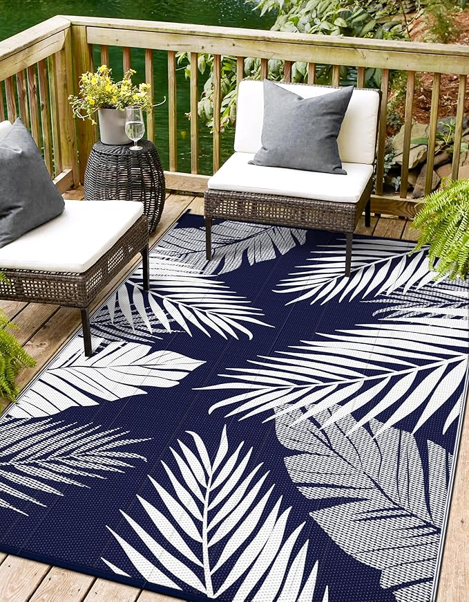 Outdoor Rug 6’x9’ Waterproof for Patio Clearance, Reversible Indoor Outdoor Plastic Straw Camping Rug Carpet, RV Mat, Large Area Rug for Deck, Backyard, Balcony, Porch, Beach, Blue & White