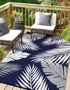 Outdoor Rug 6’x9’ Waterproof for Patio Clearance, Reversible Indoor Outdoor Plastic Straw Camping Rug Carpet, RV Mat, Large Area Rug for Deck, Backyard, Balcony, Porch, Beach, Blue & White