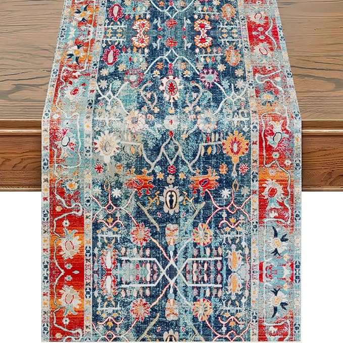 Snycler Table Runner Boho Table Runners Vintage Elegant Farmhouse Table Center Linen Decor for Home Dining Party Entrance (13x48 Inch) Boho-Blue&Red