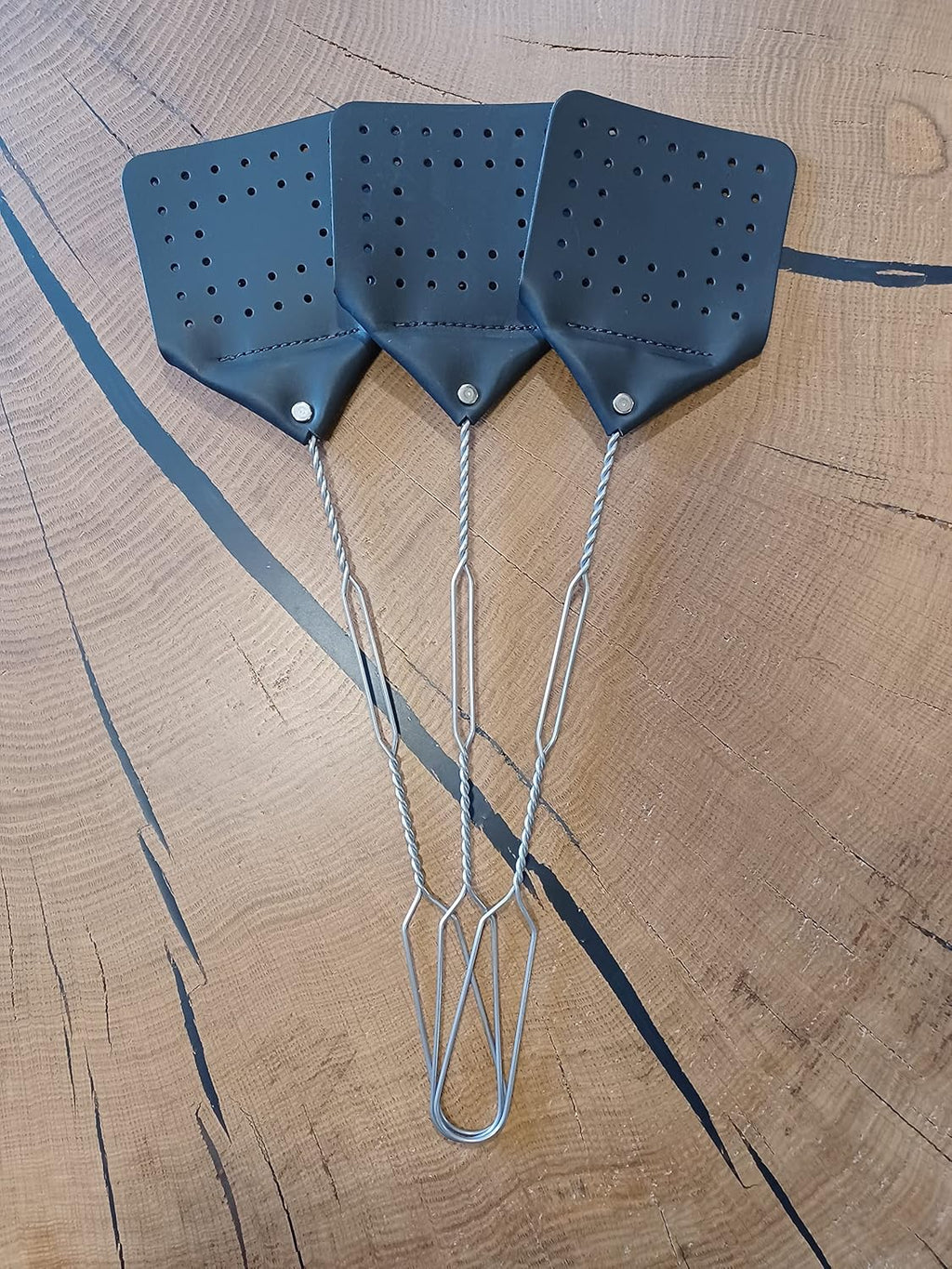 Leather Fly Swatter Set (3 Pack) – 17” Amish-Made Fly Swat w/Real Leather Paddle – Fly Swatters Multi Pack w/Metal Handle – Bug Swatter, Mosquito Swatter, Wasp Swatter (Black)