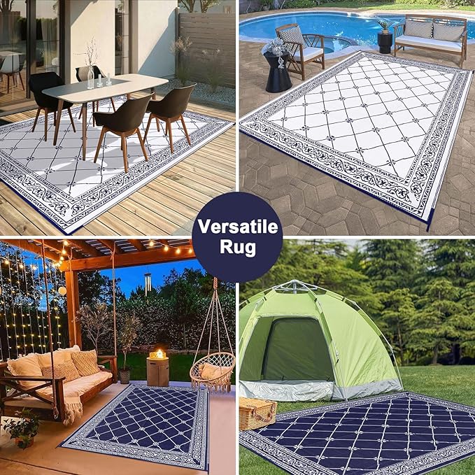 Outdoor Rug 8'x10' for Patios Waterproof Patio Rugs Outdoor Mats for Front Porch,Beach Mat,Reversible Plastic Straw Camping Rugs for Outside RV,Deck,Balcony,Backyard Navy Blue