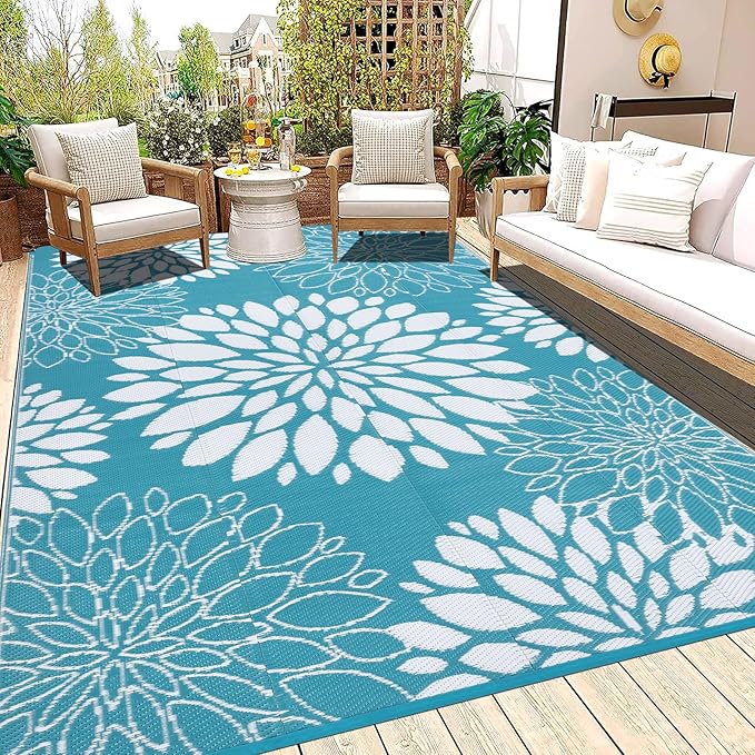 Ileading Reversible Outdoor Rug 6x9Ft Waterproof Patio Rug Carpet Portable Outdoor Plastic Straw Rug Large RV Camping Mat Rug for Patio, Clearance, Deck, Beach, Porch, Camping, Picnic, Flower Teal