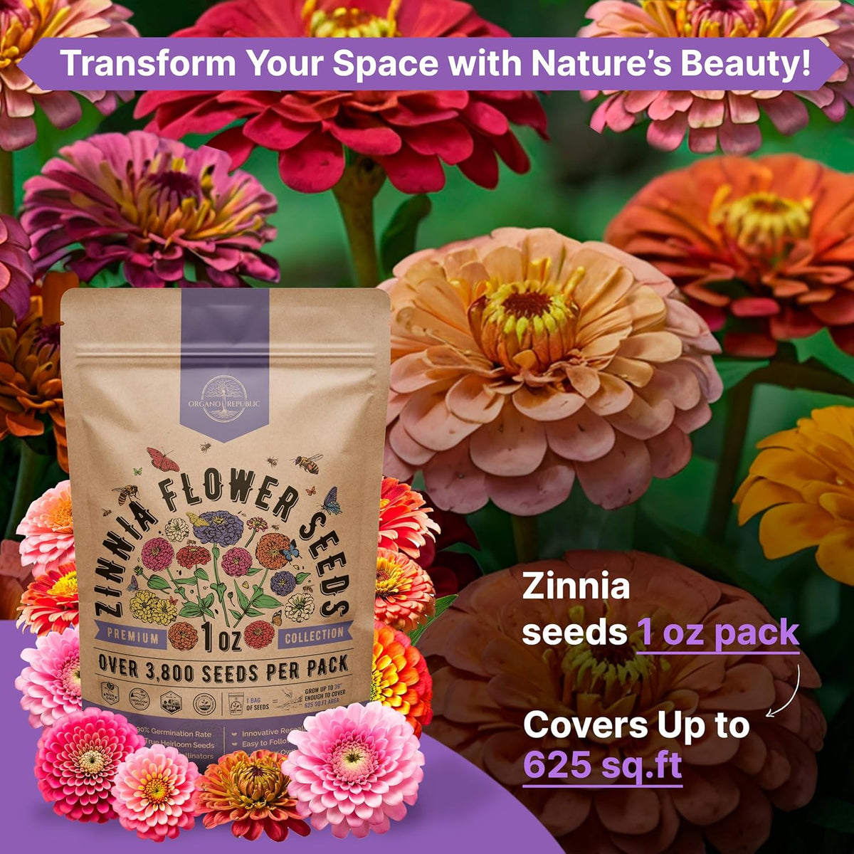 Zinnia Seeds Pack 1 oz - Over 3,800 Non-GMO Heirloom Zinnia Seeds for Planting, Annual Flowers in Individual Seed Packet, Flower Seed for Planting Home Garden Indoor & Outdoor Gardening