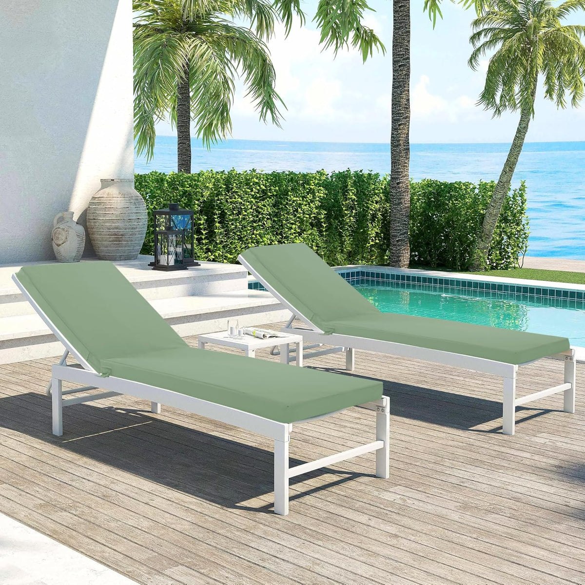 Chaise Lounge Cushions Outdoor Set of 2 - Waterproof and Fade Resistant Sun Lounger Replacement Cushions - Patio Lounger Pads with Removable Cover for Pool, Deck, 80 x 26 x 3 Inch, Sage Green