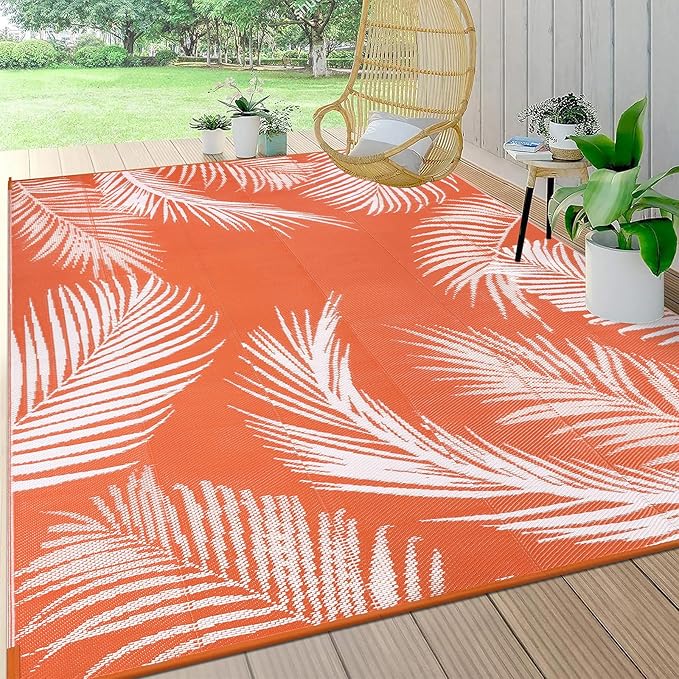 Pauwer Waterproof Outdoor Rug 6x9, Reversible Plastic Straw Patio Camping Rug, Indoor Outdoor RV Mat Carpet for Deck, Camper, Porch, Balcony, Backyard, Picnic, Leaf Orange