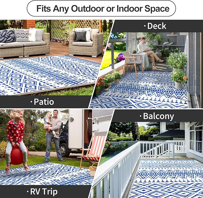 Waterproof Outdoor Rug 6x9ft, Bohemia Reversible Plastic Straw Mat for Patio RV Deck Porch Backyard Balcony Camping Picnic Beach Indoor Outdoor Carpet, Blue&White