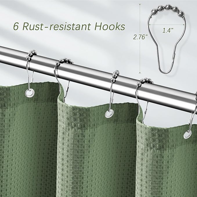 Green Stall Shower Curtain Waffle Weave Fabric, Luxury Waterproof 256GSM Heavy Duty Camper Shower Curtain for Travel Trailers with 6 Metal Hooks, 36Wx72H Sage Green