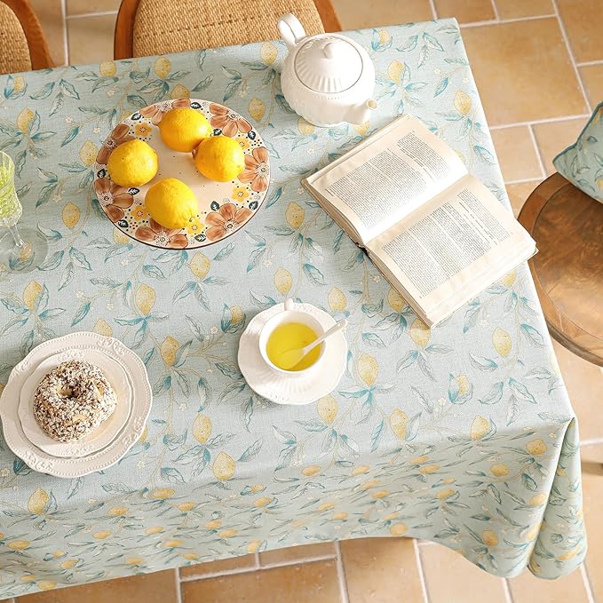 patdrea Designer Linen Long Green Tablecloth for Rectangle Table,Vintage Breathable Yellow Fruits Pattern Table Cloth,Decor Cover for Kitchen Dining,Christmas,Thanksgiving,Party,63"x94"-Ania a
