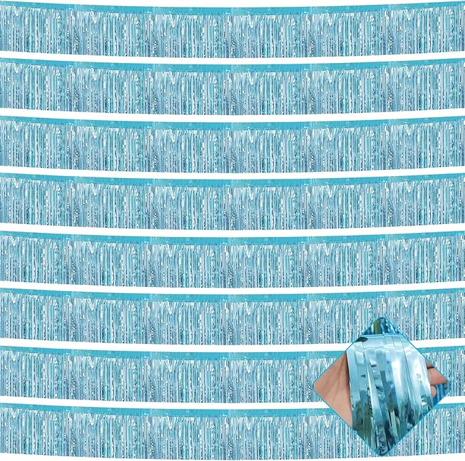 10 Pack 10 Feet Foil Fringe Garland Metallic Tinsel Streamers Banner Wall Hanging Curtain Backdrop for Parade Floats, Bachelorette, Wedding, Birthday, Halloween, Christma Party Decoration(Light Blue)